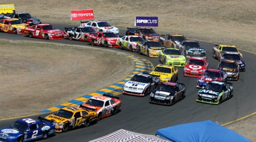 NASCAR Sprint Cup Series drivers conduct a double-file restart during last month's race at Infineon Raceway in Sonoma, Calif. 